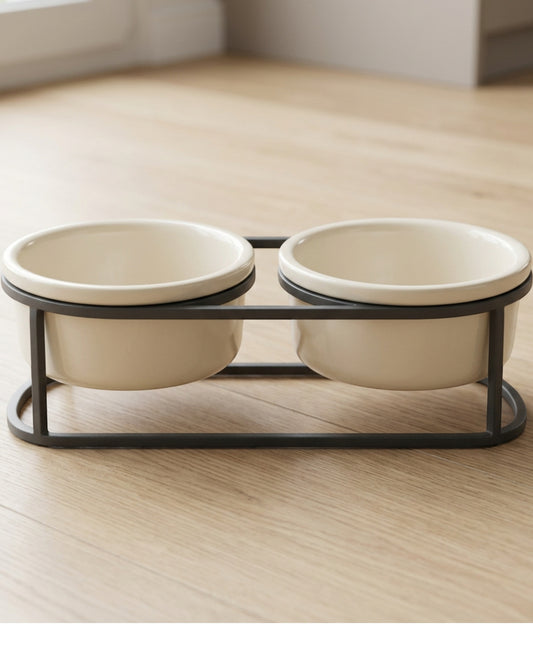 Vuros Ceramic Double Pet Bowl Stand 2 x 850 mL Ivory - Lifestyle view